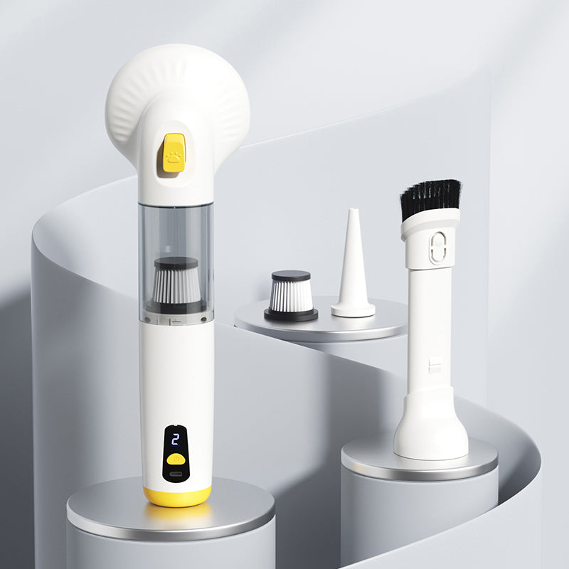 White and yellow cordless pet grooming vacuum with attachments