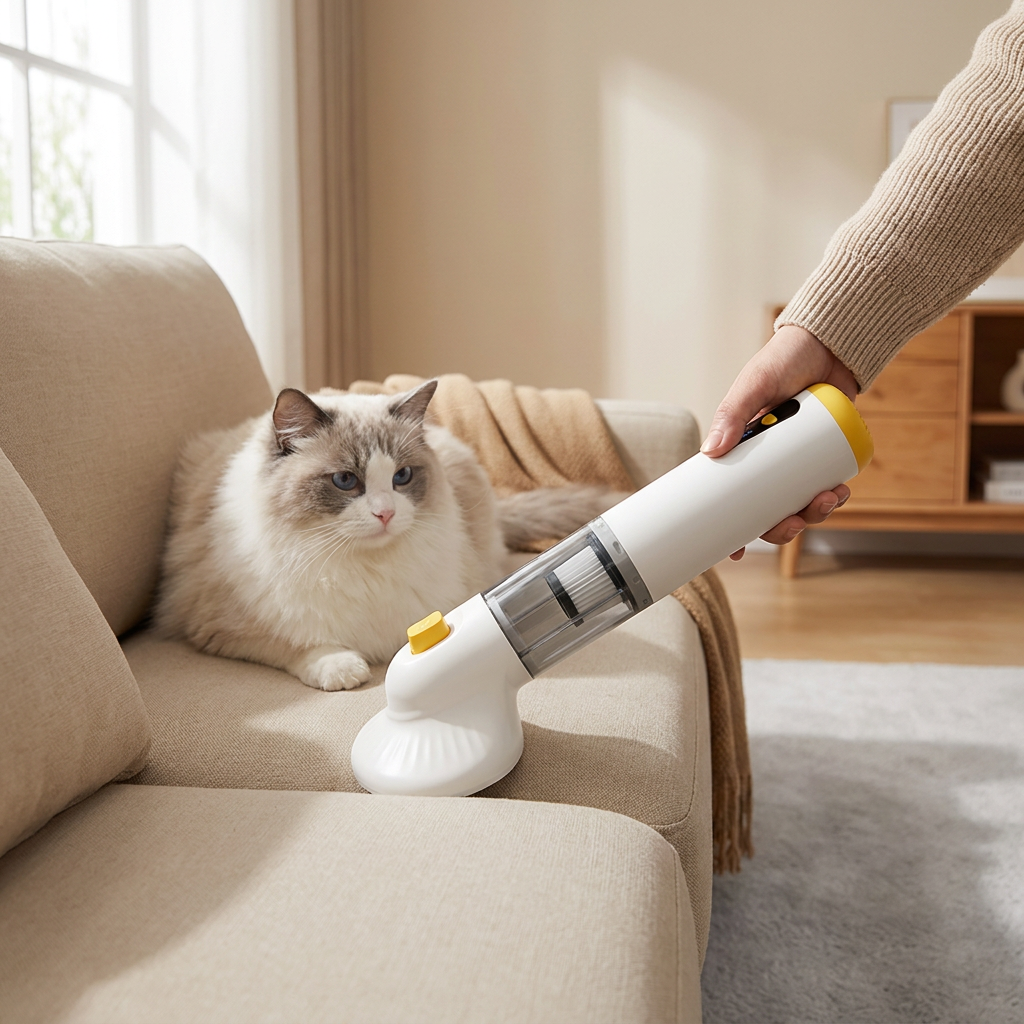 Cordless pet grooming vacuum removing cat hair from a sofa